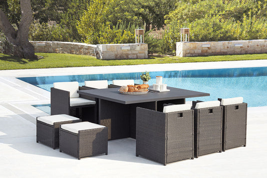 Salon de jardin encastrable 10 places avec fauteuils et poufs en résine tressée