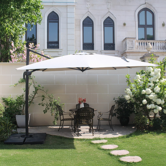 Ensemble parasol déporté carré 3x3m et 4 dalles à lester