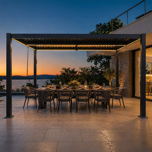 Pergola bioclimatique à LED 4x3m structure aluminium lames orientables