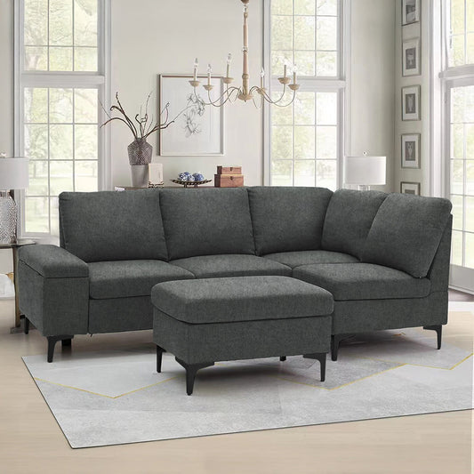 Canapé d'angle fixe 4/5 places en tissu chenille avec pouf et espace de rangement