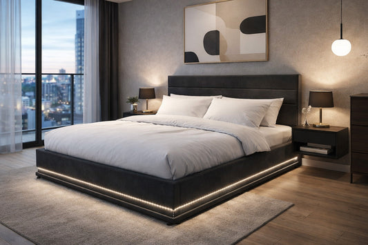 Lit coffre LED 140 x 190 cm velours gris avec tête de lit et sommier