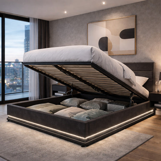Lit coffre LED 140 x 190 cm velours gris avec tête de lit et sommier