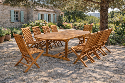 Salon de jardin extensible ovale en teck huilé 10 assises - capacité 12 places