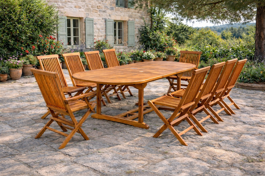 Salon de jardin extensible ovale en teck huilé 10 assises - capacité 12 places
