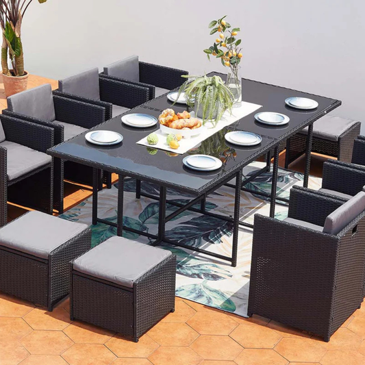 Salon de jardin encastrable 12 places fauteuils et poufs en résine tressée