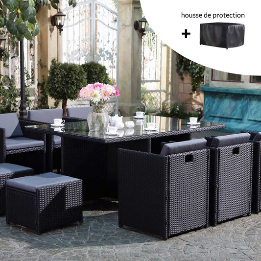 Salon de jardin 10 places noir/gris + housse de protection