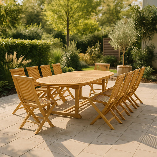 Salon de jardin en teck ovale 10 personnes + 10 chaises
