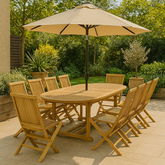 Salon de jardin en teck ovale 10 personnes + 10 chaises