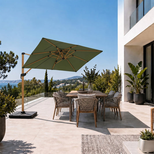 Parasol rectangulaire 2x3m déporté rotatif vert structure effet bois