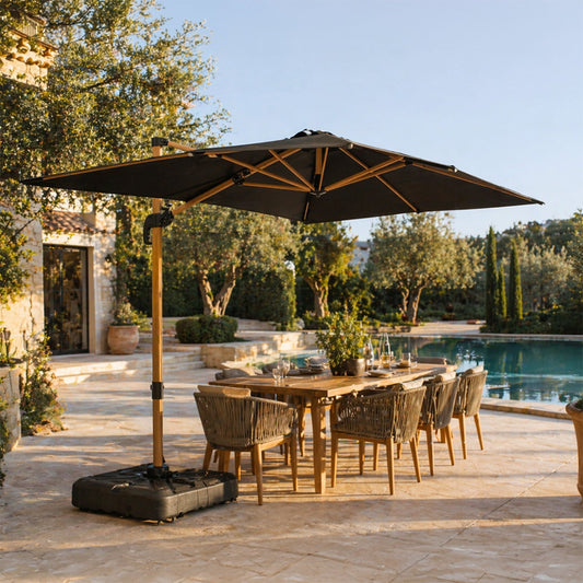Parasol rectangulaire 2x3m déporté rotatif vert structure effet bois