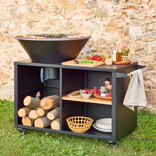 Brasero Stromboli avec fonction barbecue, diamètre 80 cm – noir, avec grille de cuisson et espace de rangement. L 138 x P 82 x H 114 cm