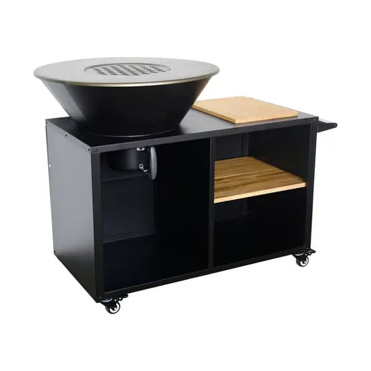 Brasero Stromboli avec fonction barbecue, diamètre 80 cm – noir, avec grille de cuisson et espace de rangement. L 138 x P 82 x H 114 cm