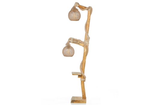 Lampadaire en bois et cordes avec rebord