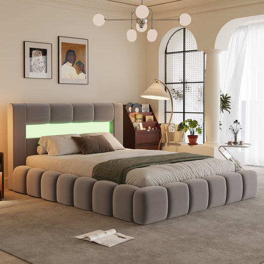 Lit nuage avec coffre de rangement et LED 160x200cm en velours avec tête de lit et sommier