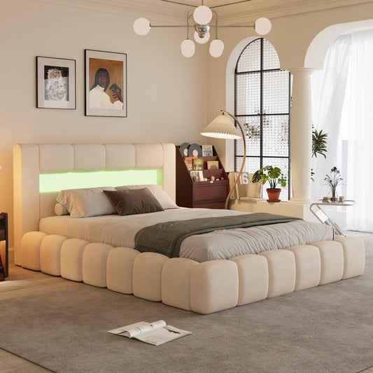 Lit nuage avec coffre de rangement et LED 180x200cm en velours