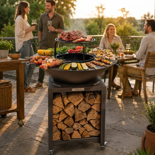 FIESTA Brasero haut avec plaque en acier amovible et grille de cuisson, plaque de cuisson pour extérieur, Ø 75 cm