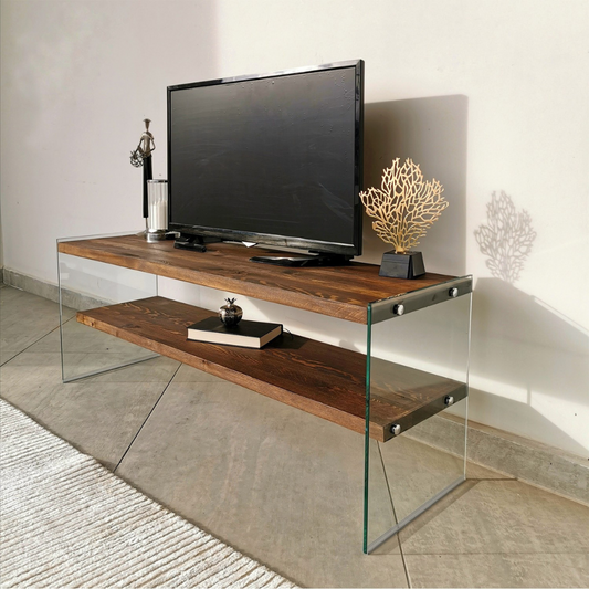 Meuble TV contemporain verre et bois 120 cm