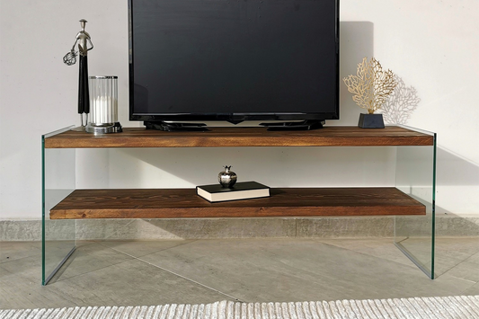 Meuble TV contemporain verre et bois 120 cm