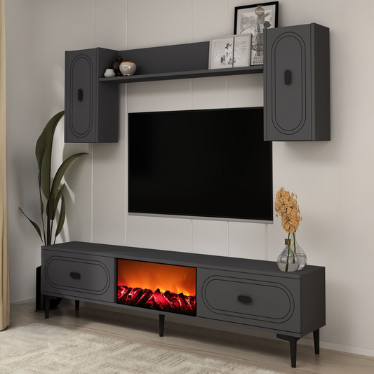 Ensemble meuble TV avec étagères murales et cheminée LED 150cm gris anthracite