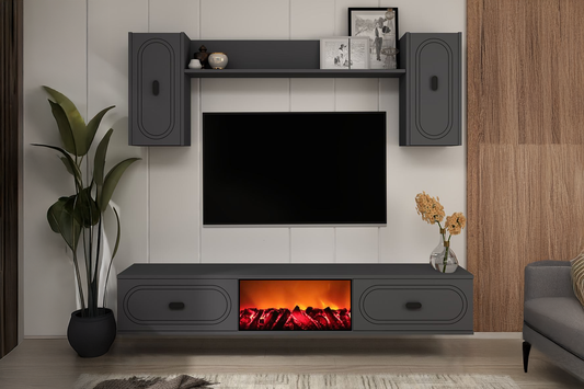 Ensemble meuble TV avec étagères murales et cheminée LED 150cm gris anthracite