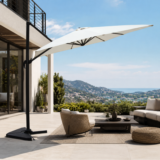 Parasol rectangulaire 3x4m déporté rotatif en aluminium + housse