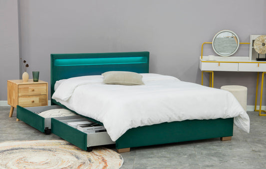 Cadre de lit velours 140x190 cm avec rangements et LED